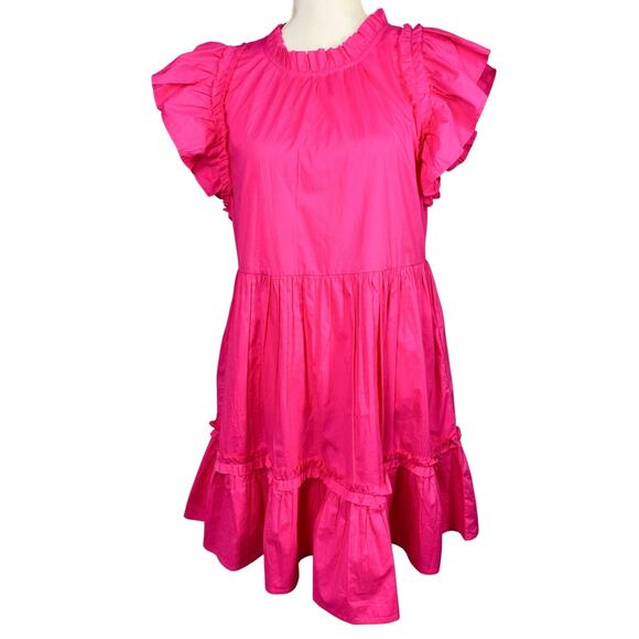 Caroline Costas, Size Medium, Bright Pink Cotton Ruffle Dress, Tiered, EUC - Picture 1 of 8